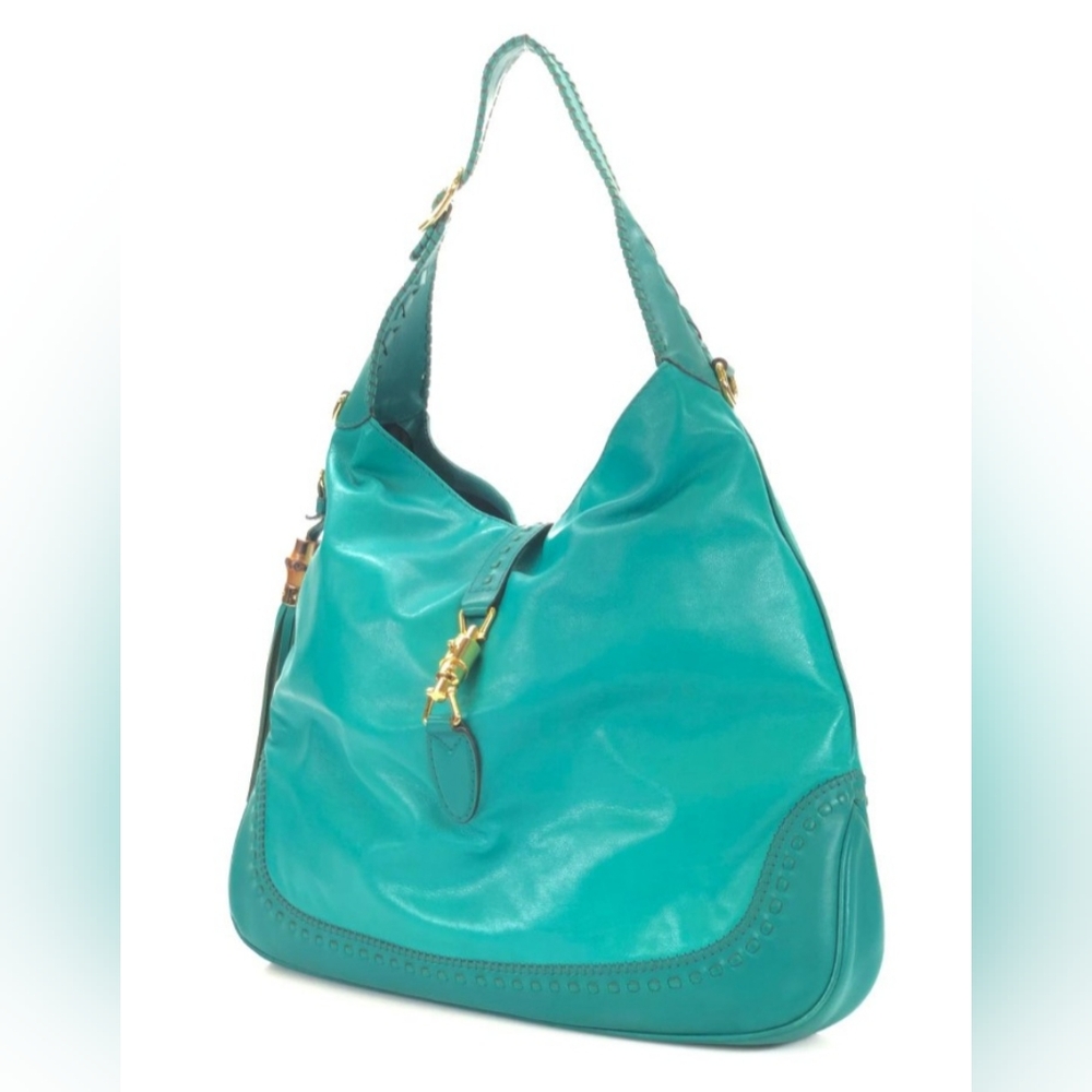 GUCCI JACKIE TEAL LEATHER LARGE HOBO BAG TURQUOISE GREEN - Picture 2 of 4